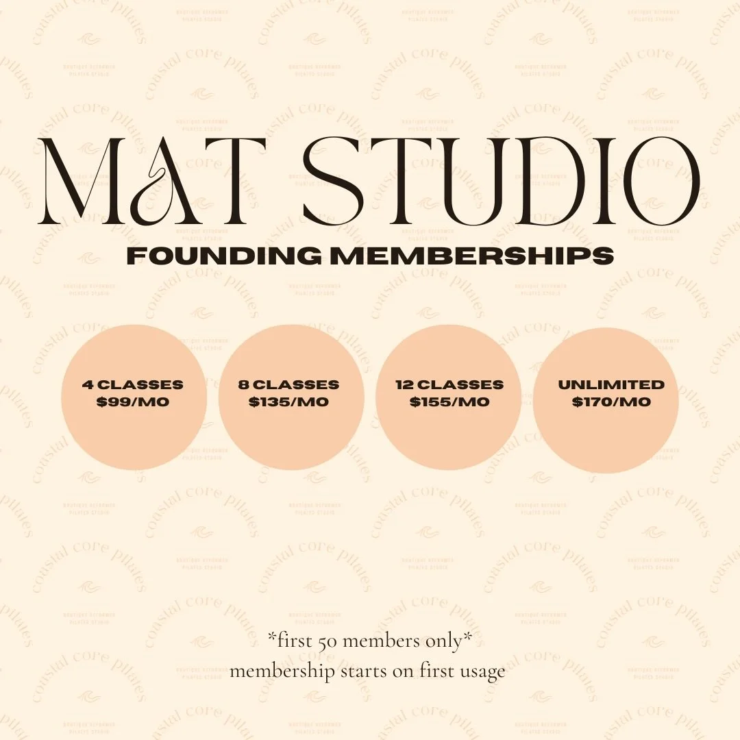 MAT STUDIO FOUNDING MEMBERSHIPS ARE LIVE 🤩
All founding members will receive a goodie bag w/ a custom Coastal Core tote. Memberships start on first usage. 
Limited to the first 50 members, link in bio to purchase!
