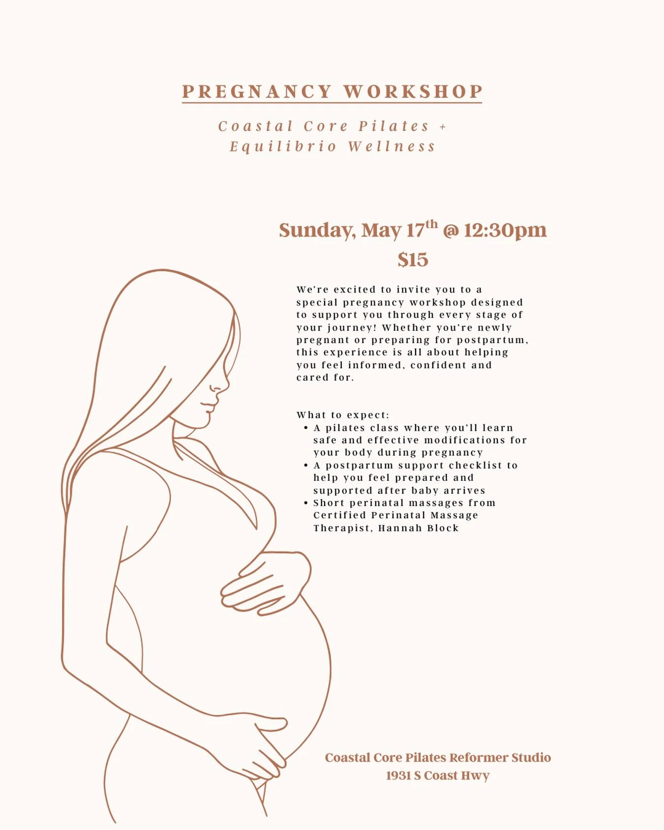 Join us on Sunday, 5/17 for a Pregnancy Workshop w/ @equilibriowellnessoceanside 🤰🤍 
Link in bio to reserve your spot! Space is limited ✨