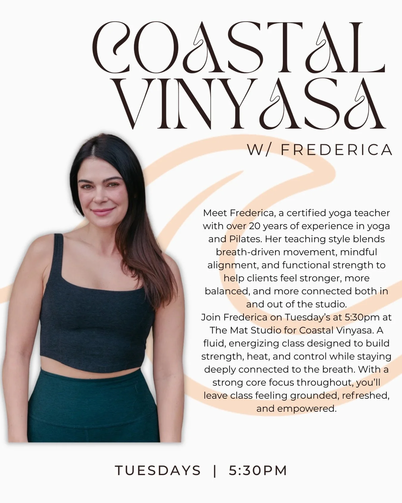 Flow with Frederica 🌊✨
Our new Coastal Vinyasa class officially joins the schedule starting 5/26 at the Mat Studio. Expect breath-driven movement, strength, flow, and a full-body reset. 🤍