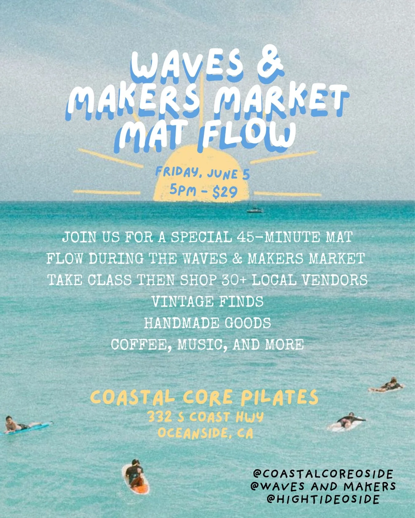 Waves &amp; Makers Market Mat Flow 🌊✨

Come take class with us, then stay for a fun night shopping + supporting local vendors by the coast. Link in bio to sign up 🙂&zwj;↕️

See you June 5 🤍