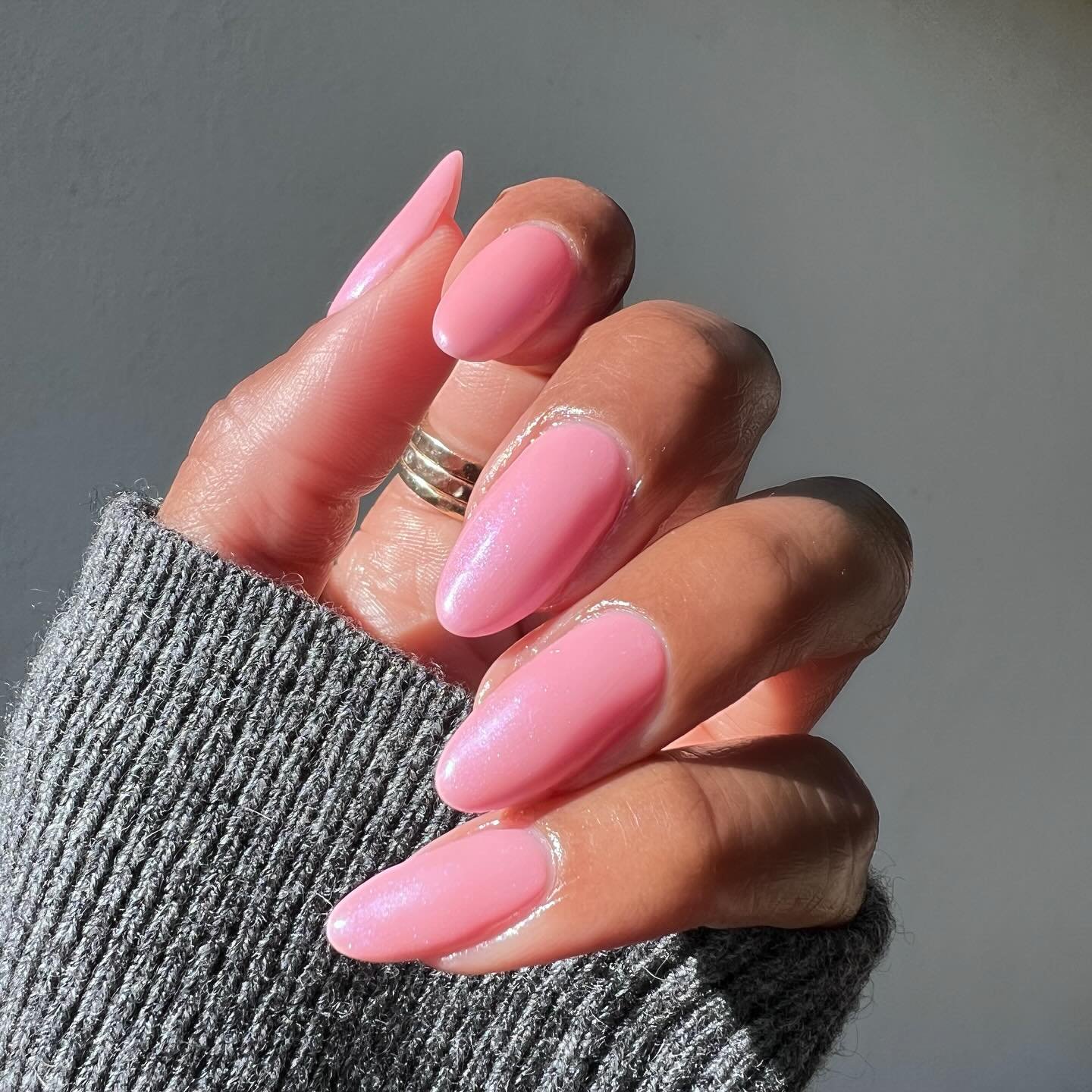 Bubblegum nails with two coats of Saltwater Taffy and one coat of Olive Y&rsquo;all. Both in gel by @oliveandjune