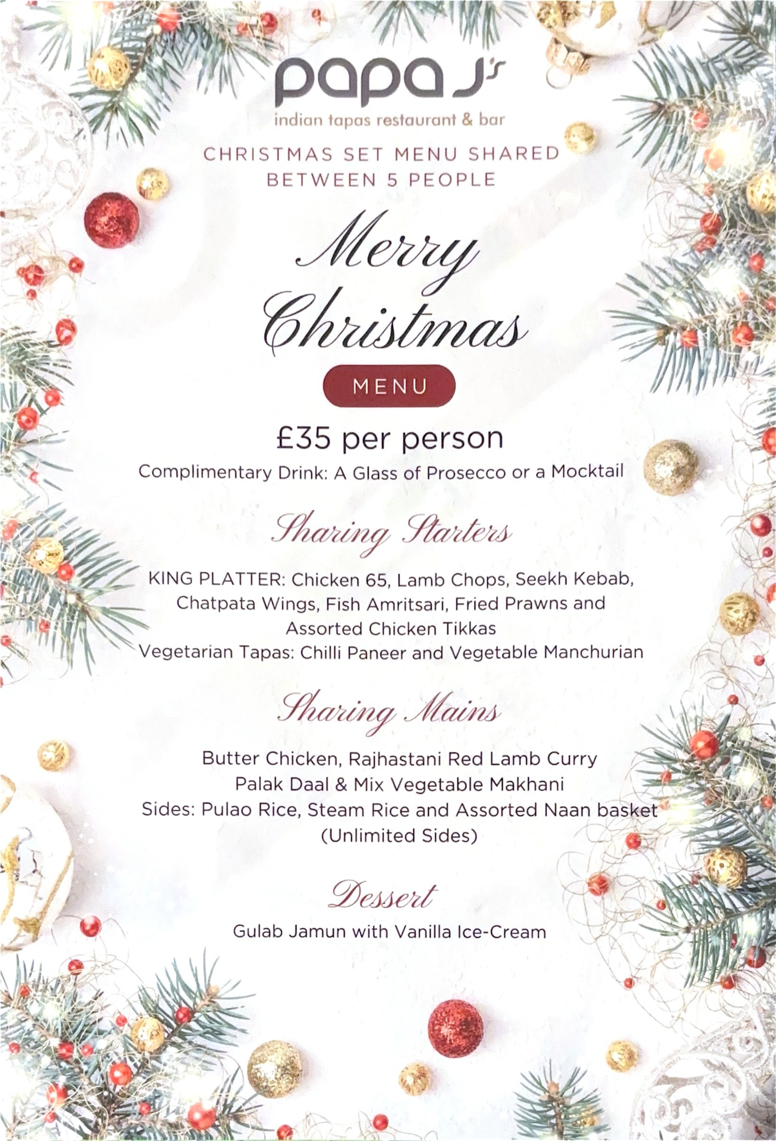Christmas-themed menu flyer for Papa's Indian Tapas Restaurant & Bar, featuring a festive border of pine branches, red and gold ornaments. The menu offers a Christmas set menu for five people at £35 per person, including a complimentary drink, with sharing starters, sharing mains, and a dessert.