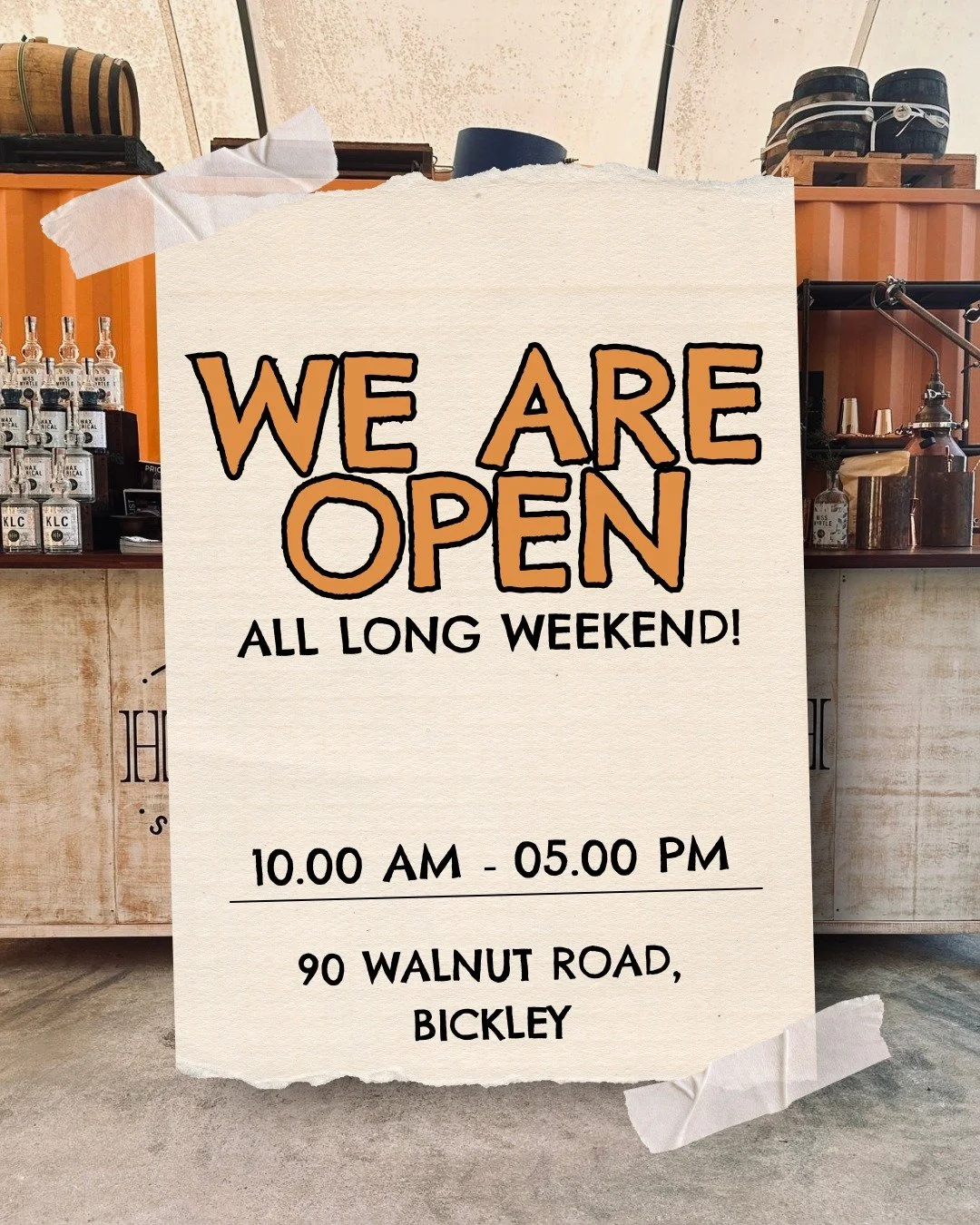 The doors are open from 10am all long weekend! 

Come &amp; try our small batch, housemade gins, vodka &amp; whisky. 🍸 Plus, we might be willing up our classic Basil Waxbone gin cocktail&hellip;

⏰ 10am - 5pm

We&rsquo;ll have a glass waiting.

#HHH
