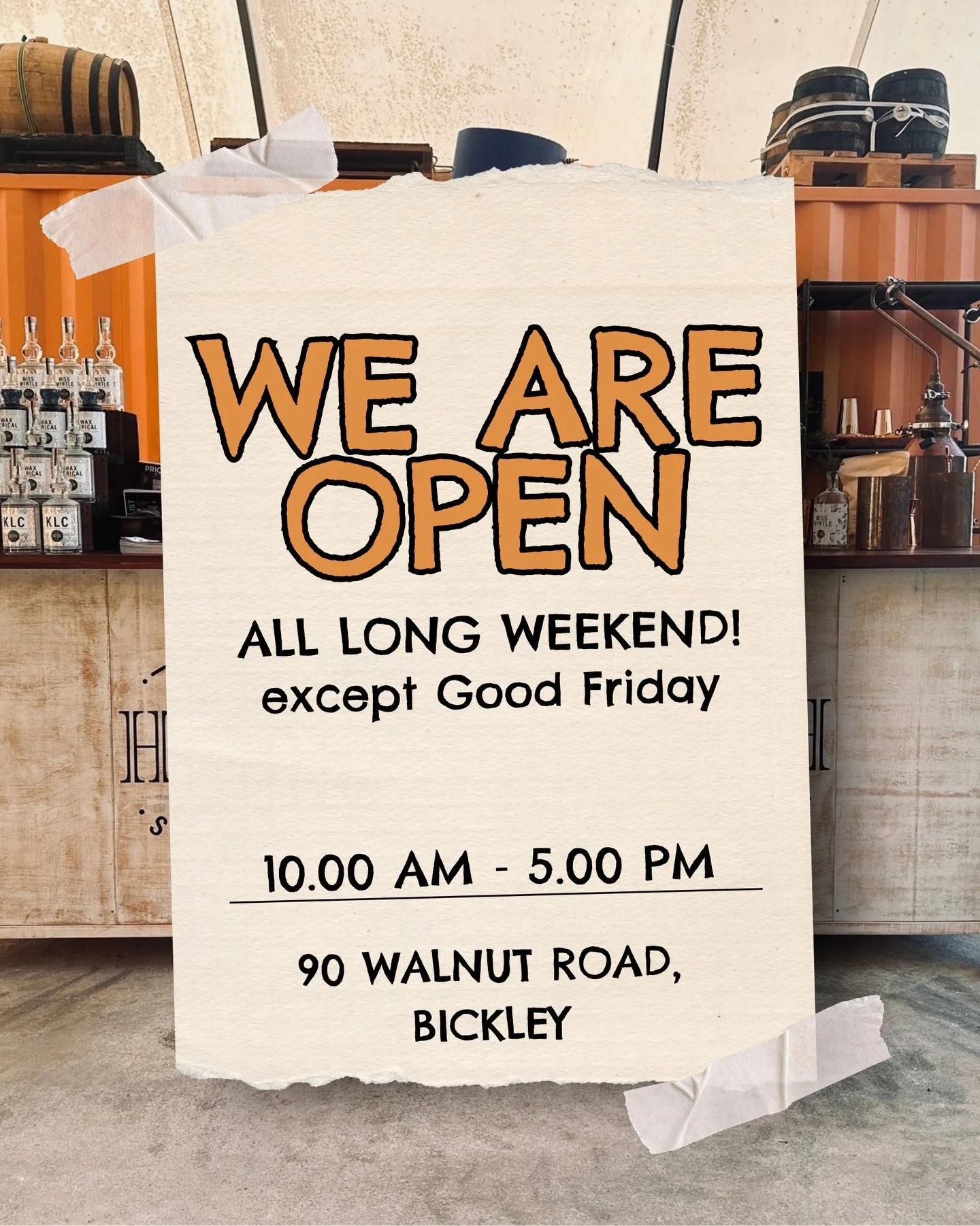 Our doors are open from 10am all Easter weekend, except Good Friday.

Come &amp; try our small batch, housemade gins, vodka &amp; whisky. 🍸 Plus, we might be willing up our classic Basil Waxbone gin cocktail&hellip;

⏰ 10am - 5pm

We&rsquo;ll have a