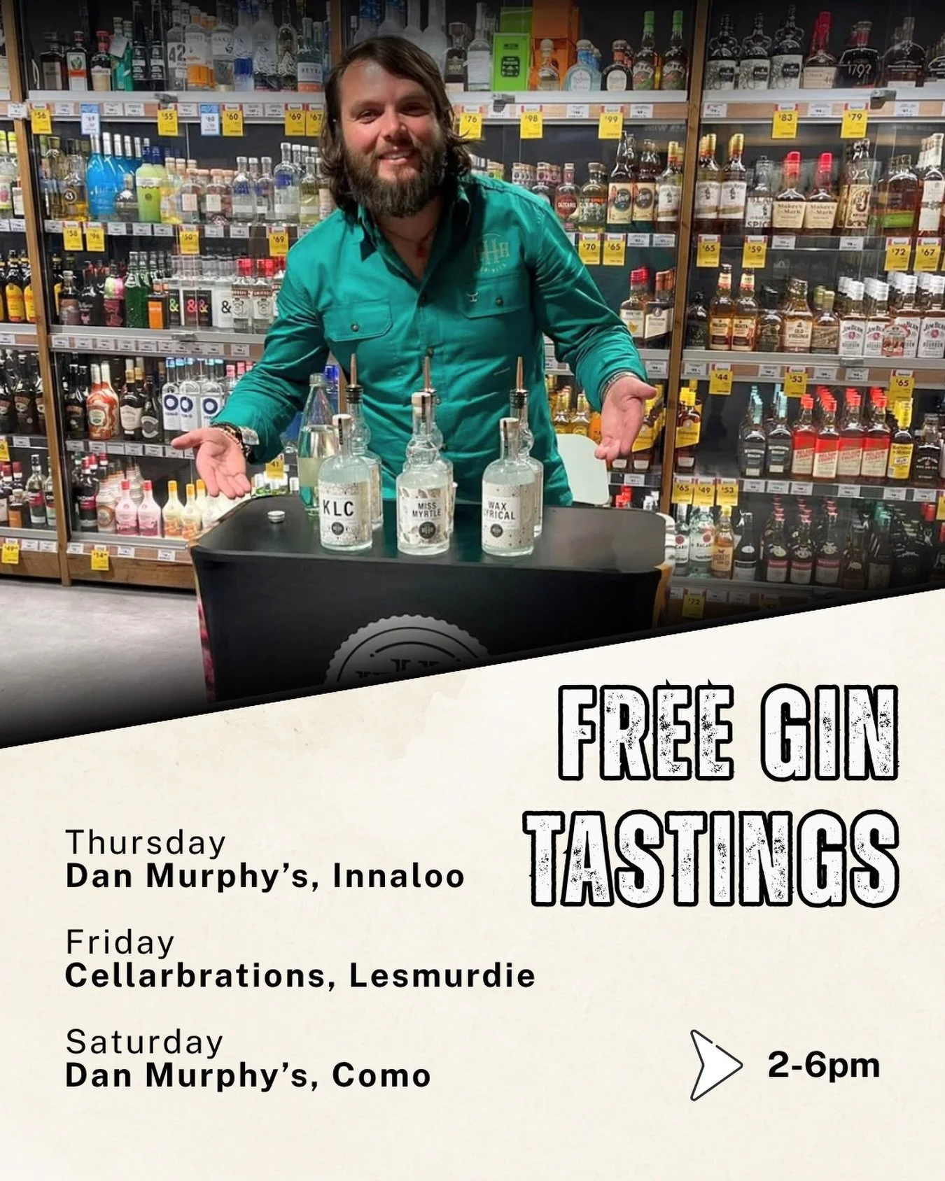🥃 Come try HHH Spirits this week!

We&rsquo;ll be at local bottle shops offering free tastings of some of our small-batch favourites &mdash; including Wax Lyrical, Miss Myrtle, and KLC.

📍 Tasting Schedule:
&bull; Thursday: Dan Murphy&rsquo;s, Inna