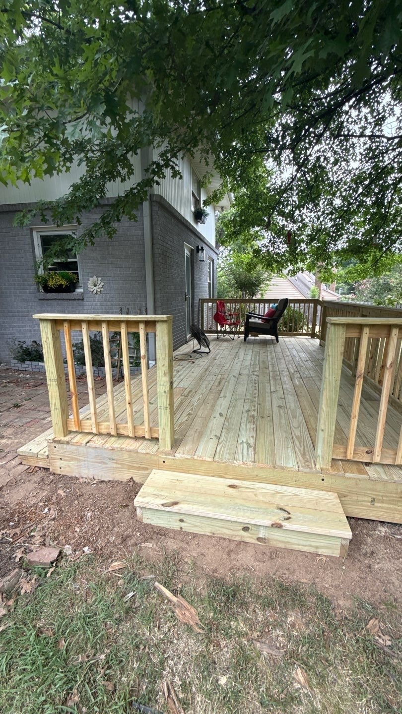 Wooden deck with a tree shade which can block sunlight