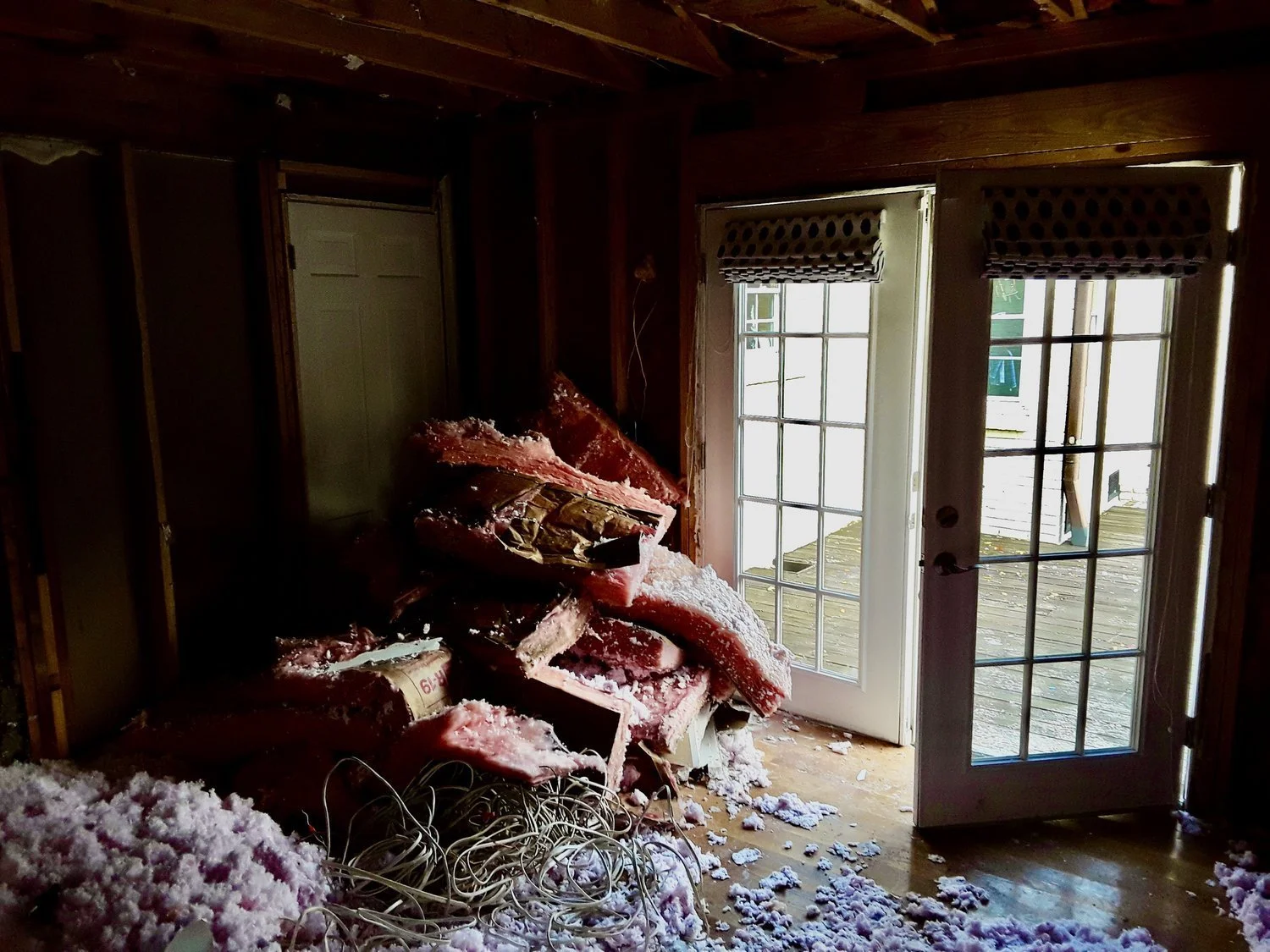 Interior of a room with damage from a flood, debris and insulation on the floor, and door leading outside to a deck.