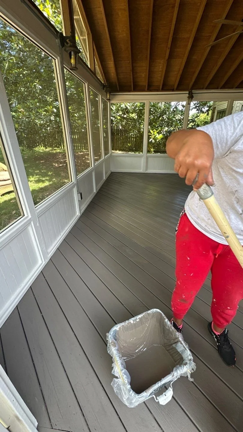 A fresh coat of stain applied by Modern Handymen on a wooden deck