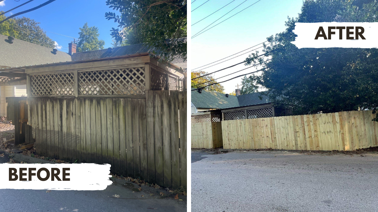Severely damaged wooden fence due to rot and mold, replaced by Modern Handymen