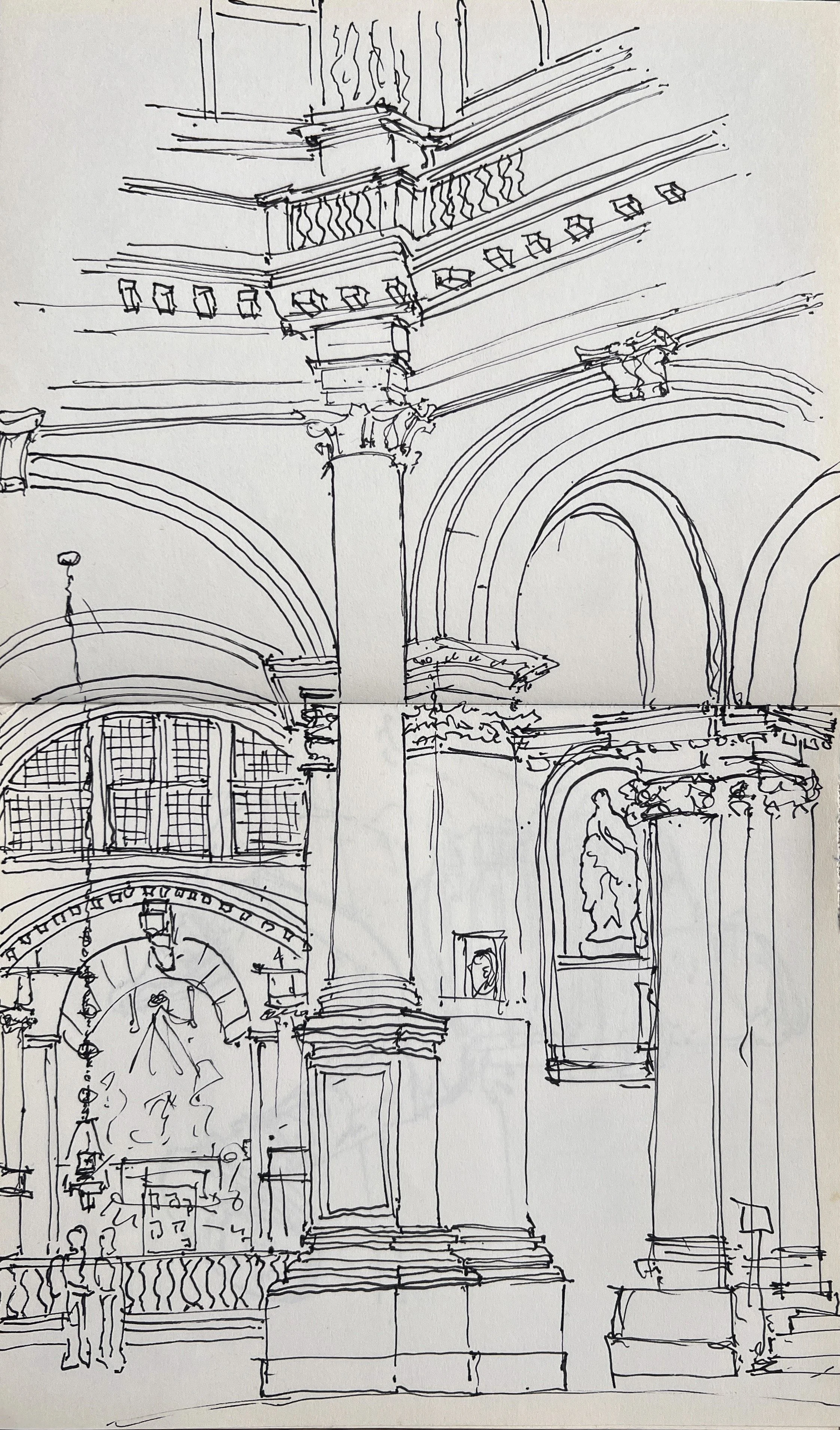 Freehand ink sketch by Paul Lucas of the interior of San Giorgio Maggiore, Venice, showing columns, arches, a statue niche and a balustrade