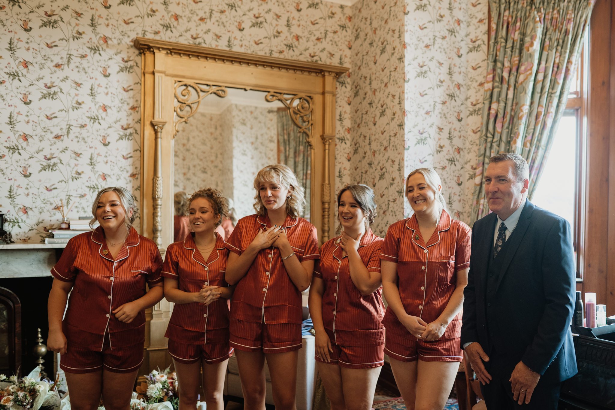bridesmaid and dad reaction to bride walking in