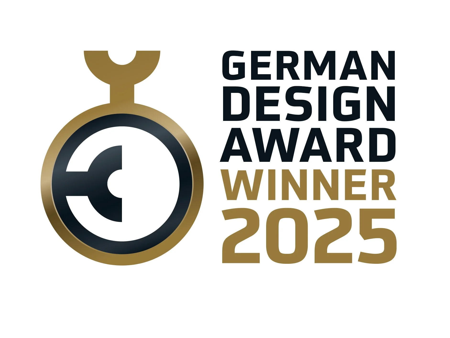 Gold and black logo for the 2025 German Design Award with the word "WINNER" in gold and the year "2025".