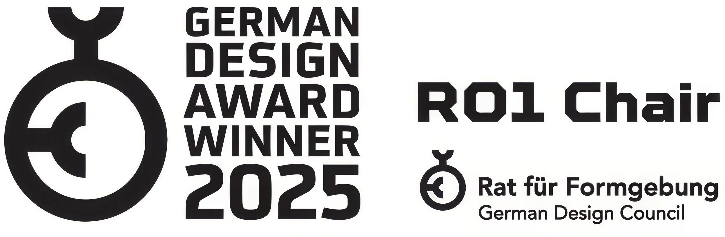 Logo with circular symbol and text indicating winner of German Design Award 2025 for ROL chair, with additional logo and text for German Design Council.