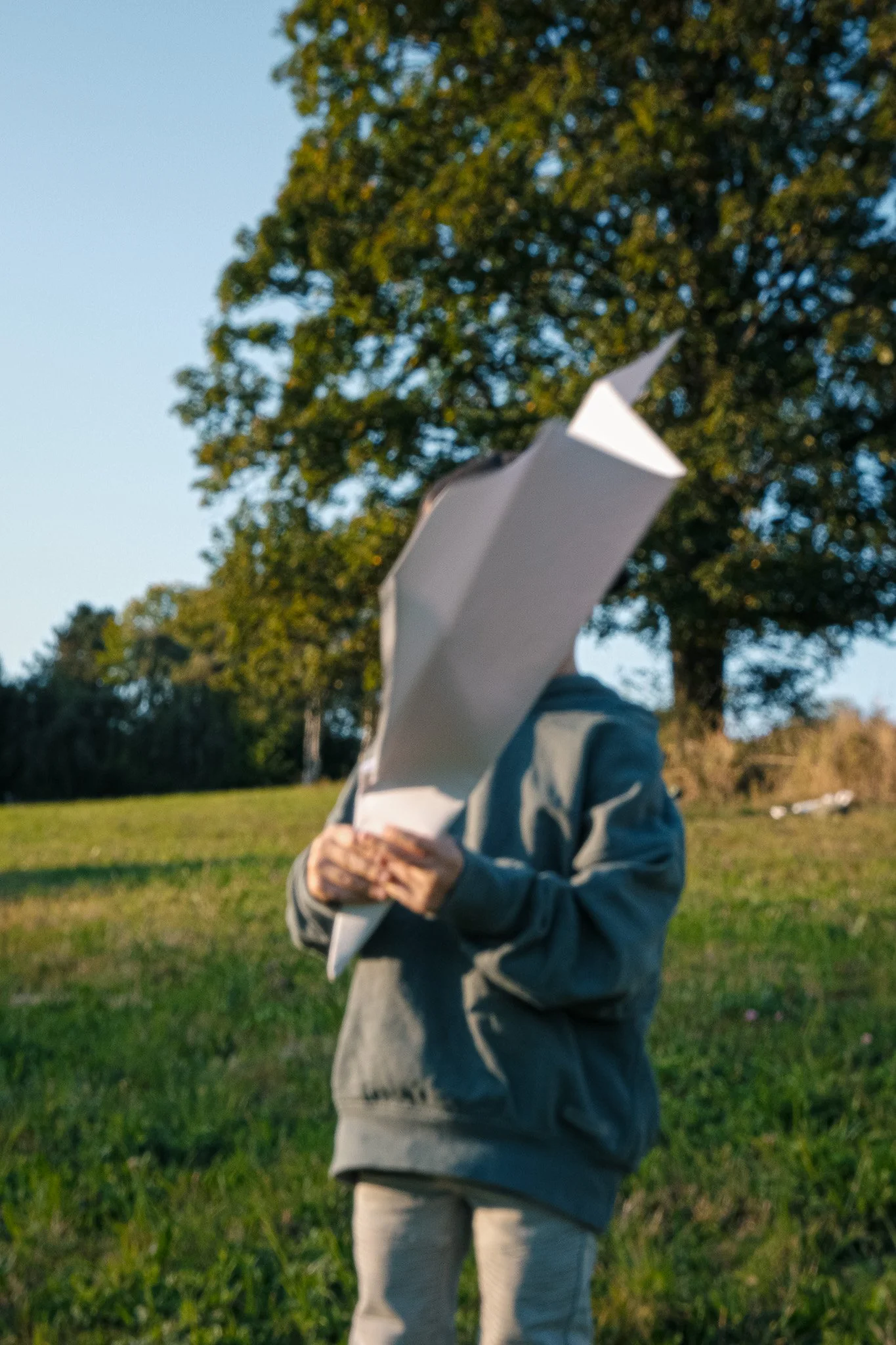 Kind mit Papierflieger in der Hand. Es steht im Park. Entstanden bei einem Familien Shooting in Schmitten im Taunus.