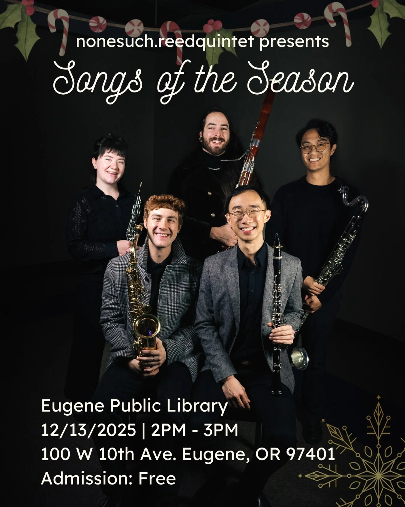 Join us tomorrow at the Eugene Public Library (Downtown) for lovely afternoon of holiday music!

Specially arranged for us by Robert Lassila

Songs of the Season
12/13/2025 | 2PM - 3PM
100 W 10th Ave. Eugene OR 97401

Free Admission
@euglibrary @rlas