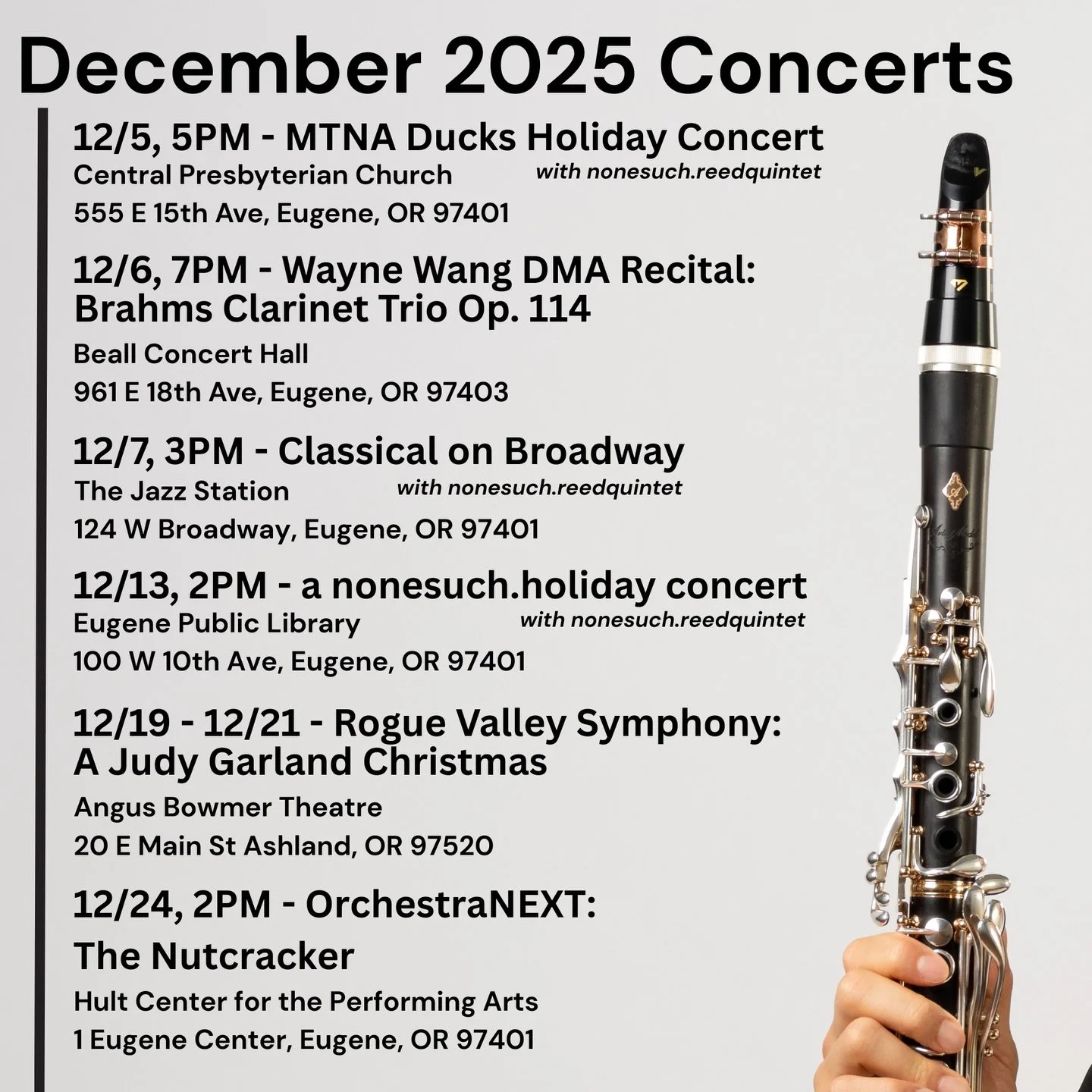 Lots of fun shows filled with wonderful music this month with @nonesuch.reedquintet, @rvsymphony, @orchestranext and lovely friends!

Venues include @jazzstationeugene, @euglibrary, @hultcenter, and the Angus Bowmer Theatre. I hope to see you there!!