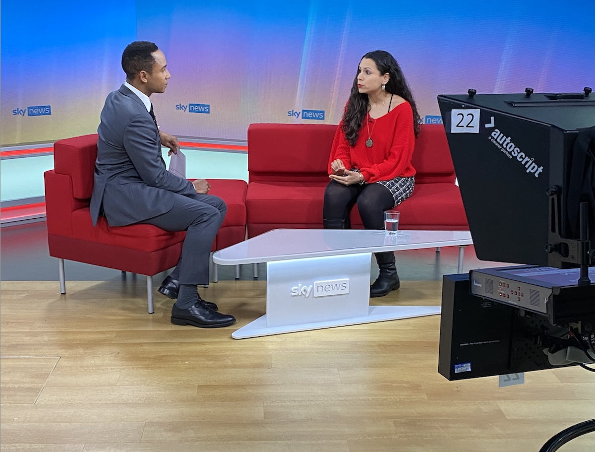 Vanessa Sturman on a sofa in the Sky News studio talking about January diets to a presenter