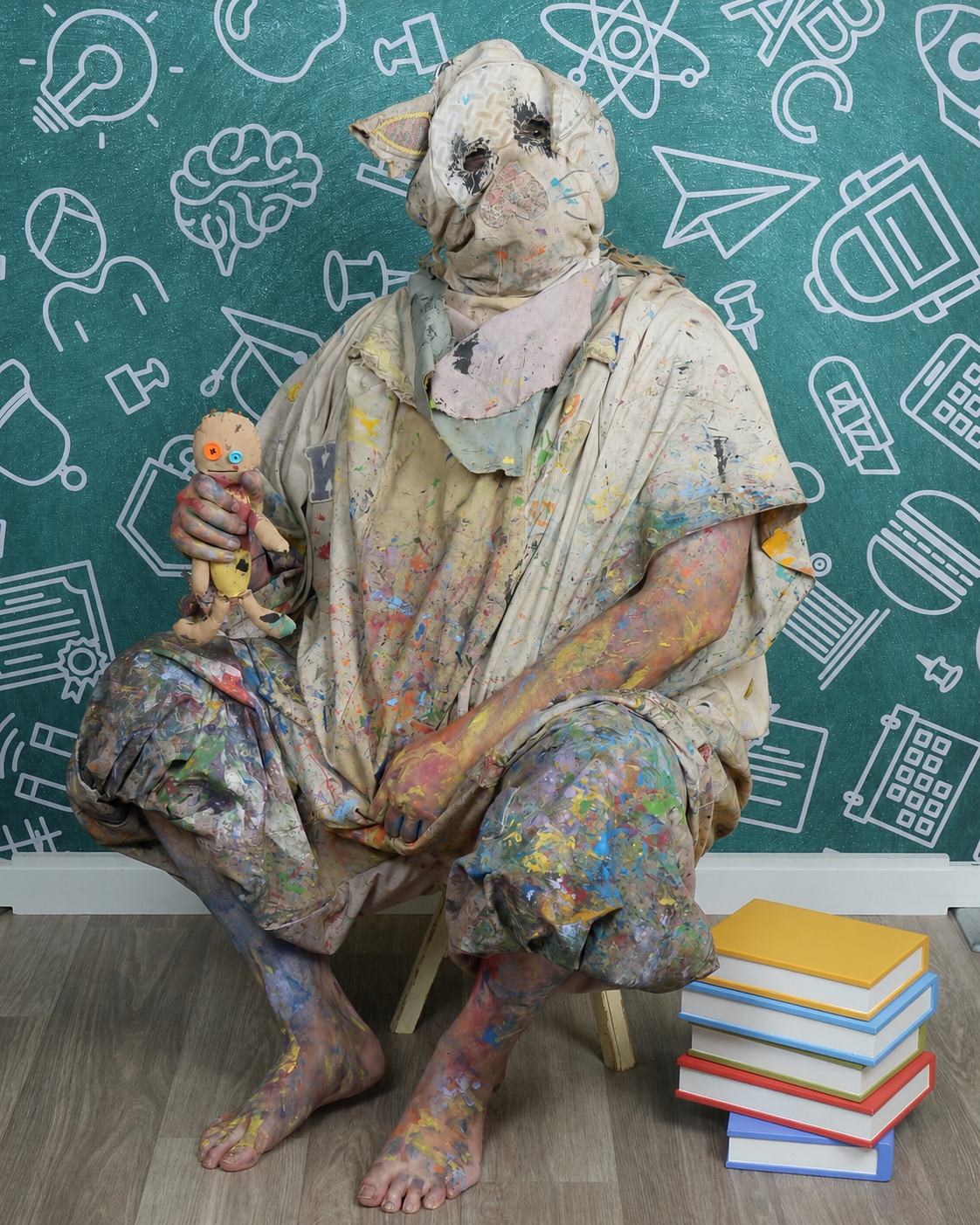 Eerie artist with doll in classroom.png