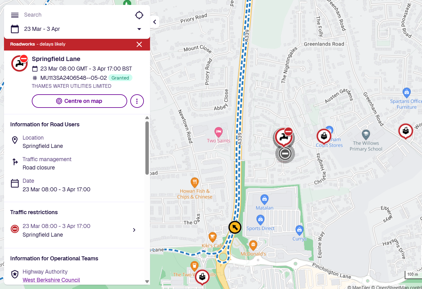 Planned Road Closure - Springfield Lane, Newbury Greenham