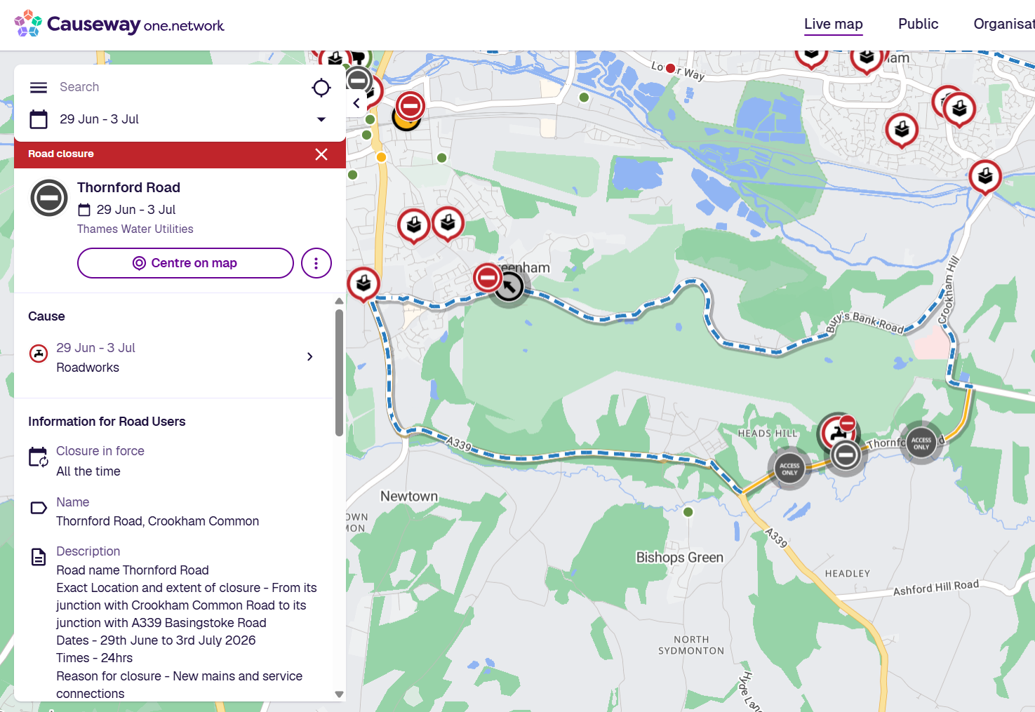 Planned Closure - Thornford Road, Crookham Common
