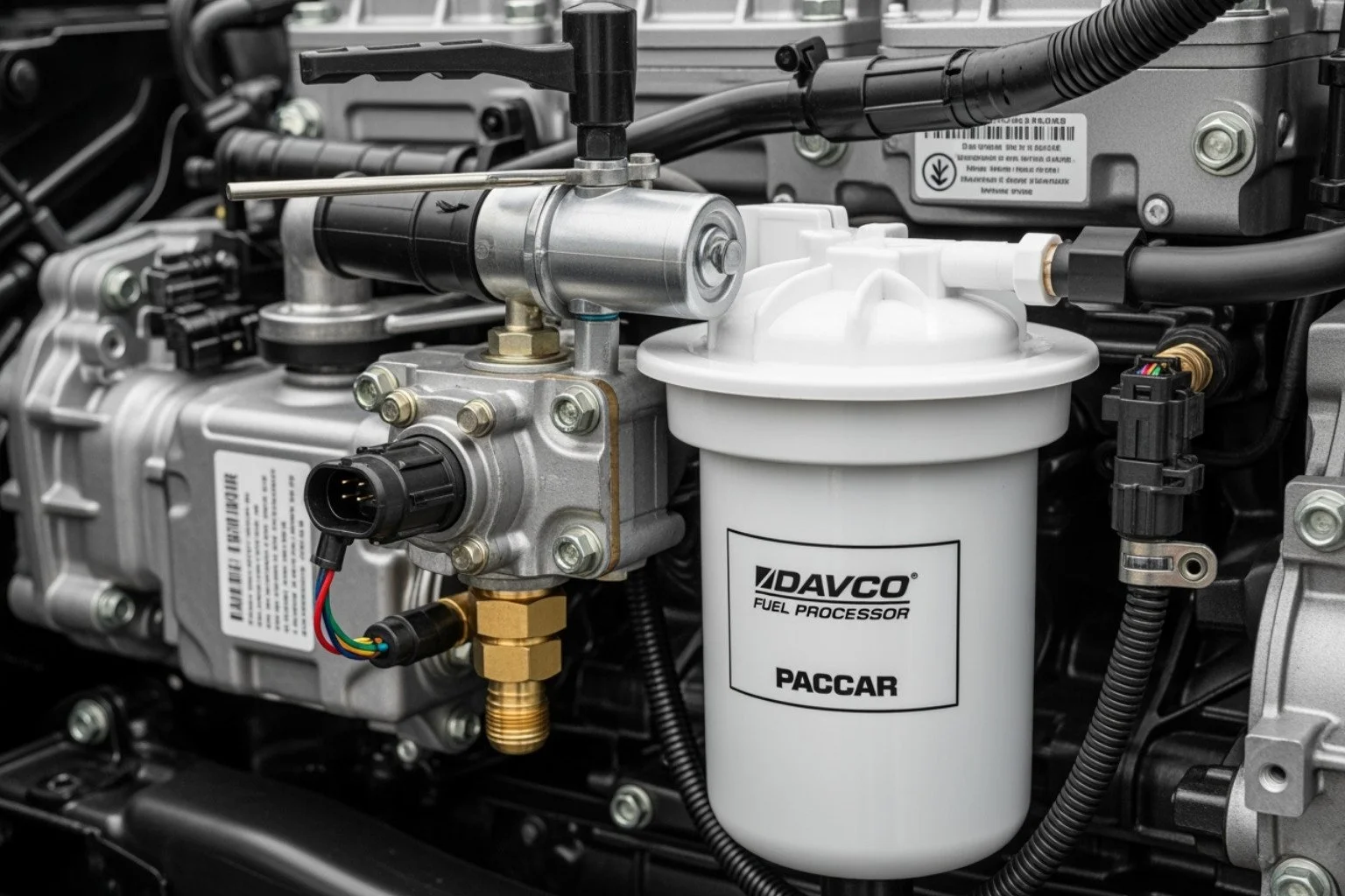 Diagram showing the location of the primer pump and other key components on a PACCAR MX13 fuel filter module. - how to prime fuel system on 18 paccar mx13
