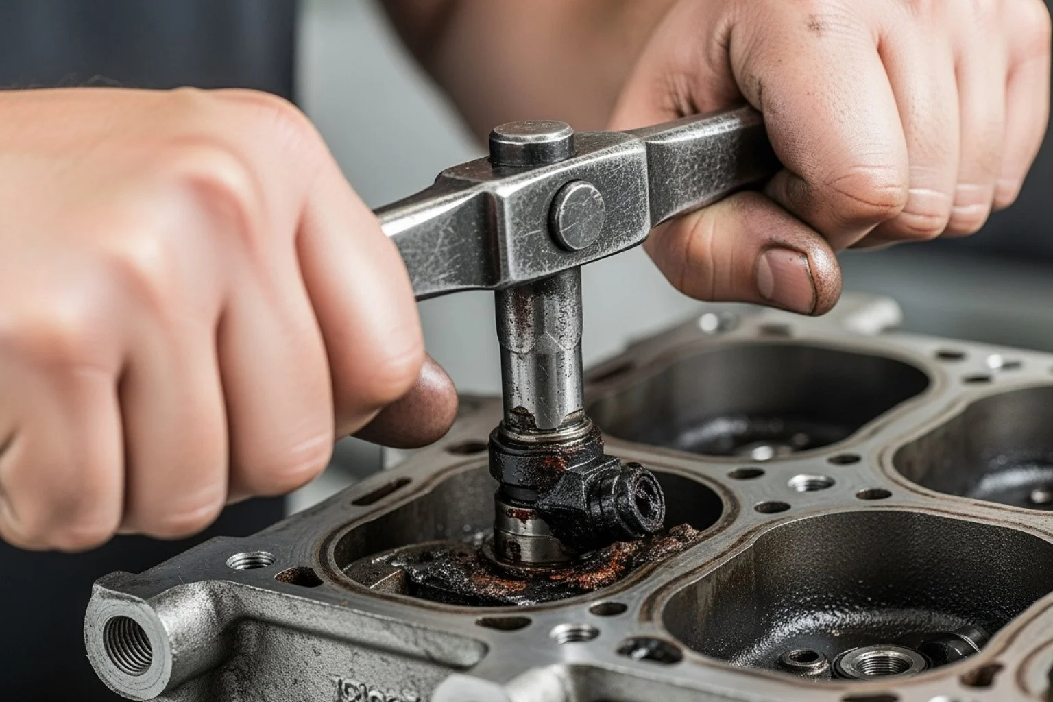 Close-up of a mechanic using a specialized tool to carefully extract a seized diesel injector from an engine block.