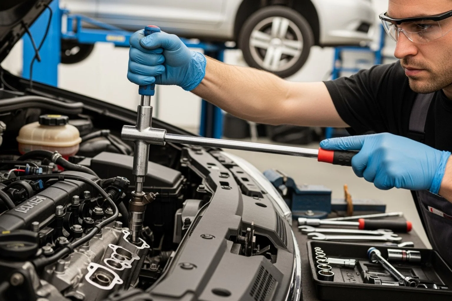 A mechanic in a workshop safely using a slide hammer puller to remove a fuel injector from a diesel engine.