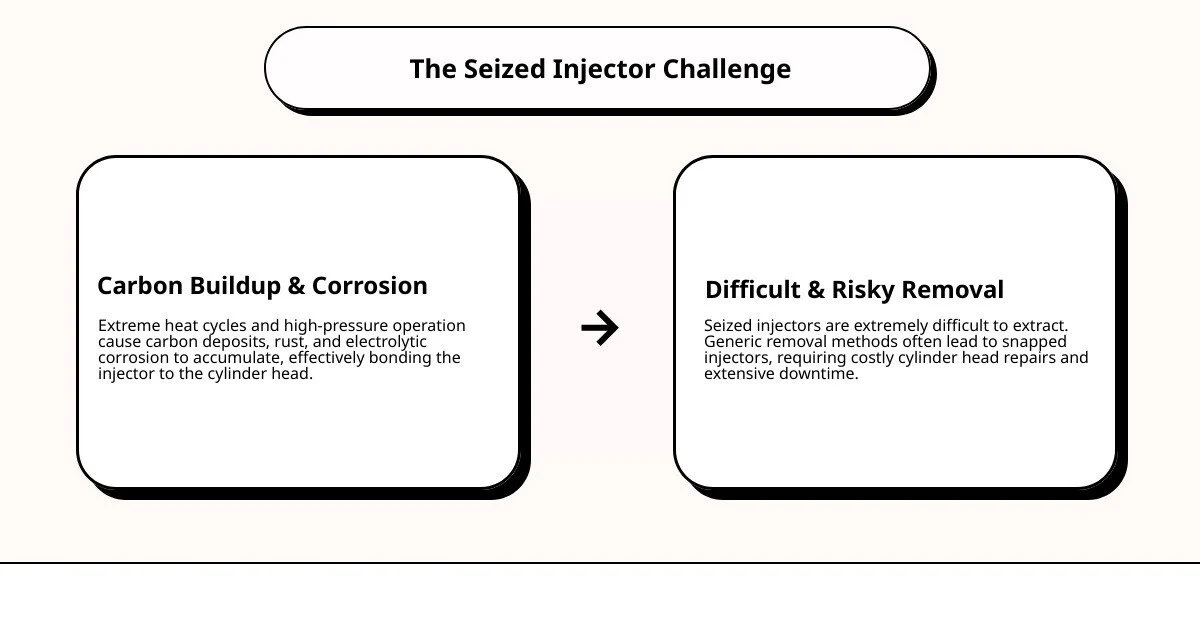 Infographic showing cross-section of seized common rail injector in cylinder head with carbon buildup, rust, and corrosion highlighting why specialized removal tools are essential - common rail injector puller infographic cause_effect_text