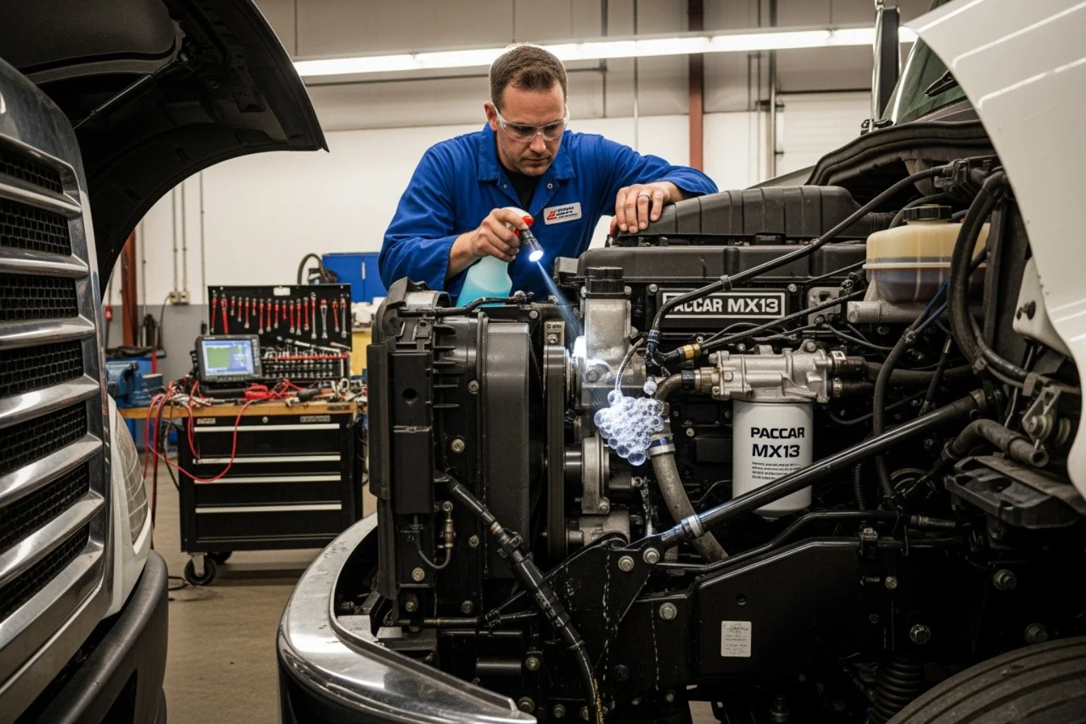 A technician troubleshooting a PACCAR MX13 fuel system for potential air leaks. - how to prime fuel system on 18 paccar mx13