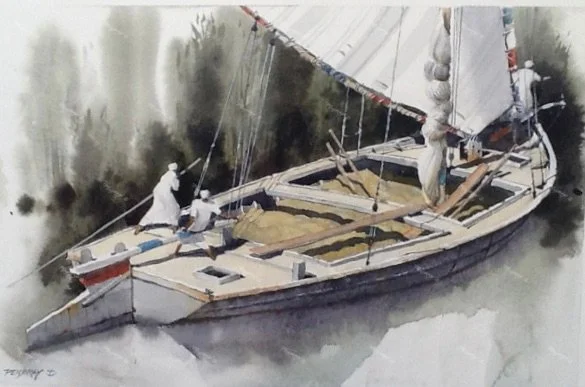 Traditional Egyptian Boat Entering a Nile Cove (Watercolour 40x25cm)