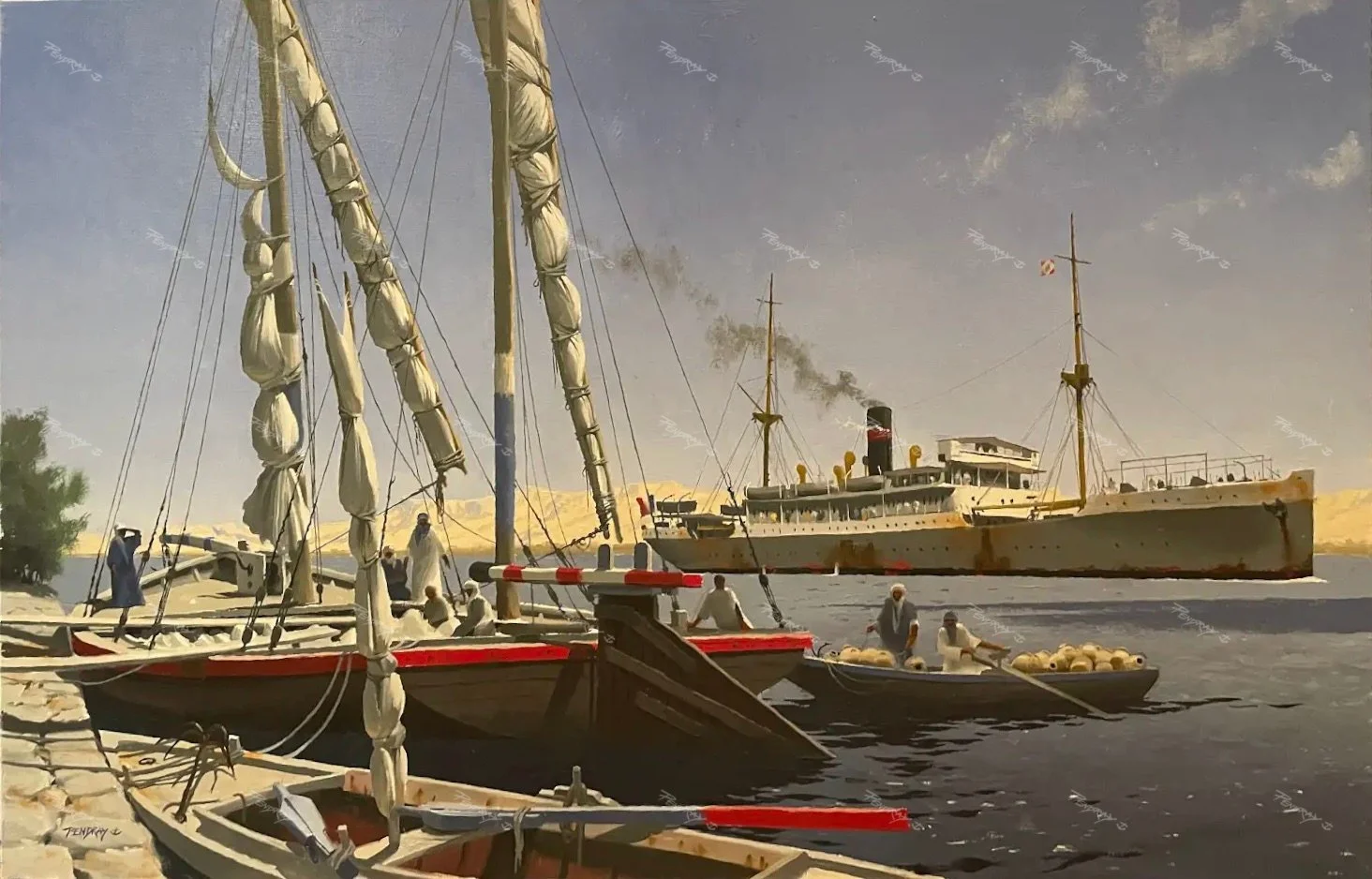 Traditional Egyptian Boat Unloading on Suez Canal (Oil 100x65cm)