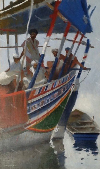 Men on a Dhow (Oil 55x33cm)