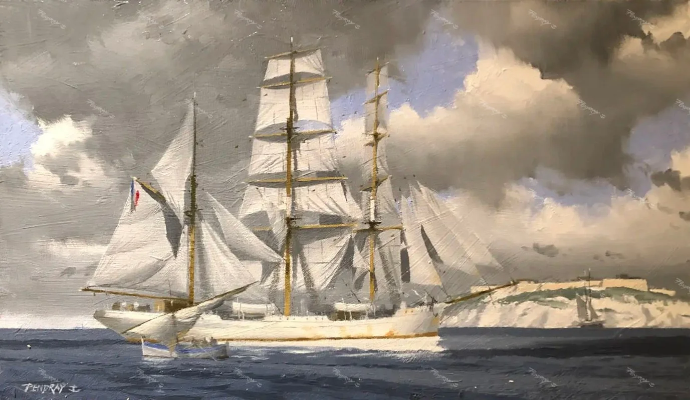 Three Masted Barque. Calm (Oil 47x24cm)