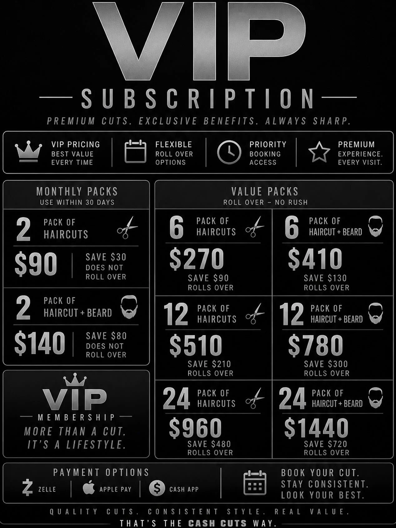 For convenience , consistency, and savings choose Cash Cuts VIP subscription. New and improved! 
Dm me to sign up or if you have any questions.