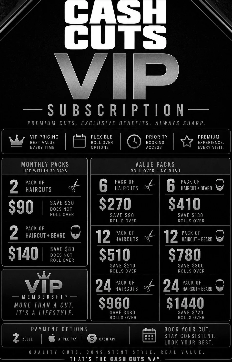 A black and white advertisement for CASH CUTS VIP subscription service, offering various haircut packages and membership benefits.