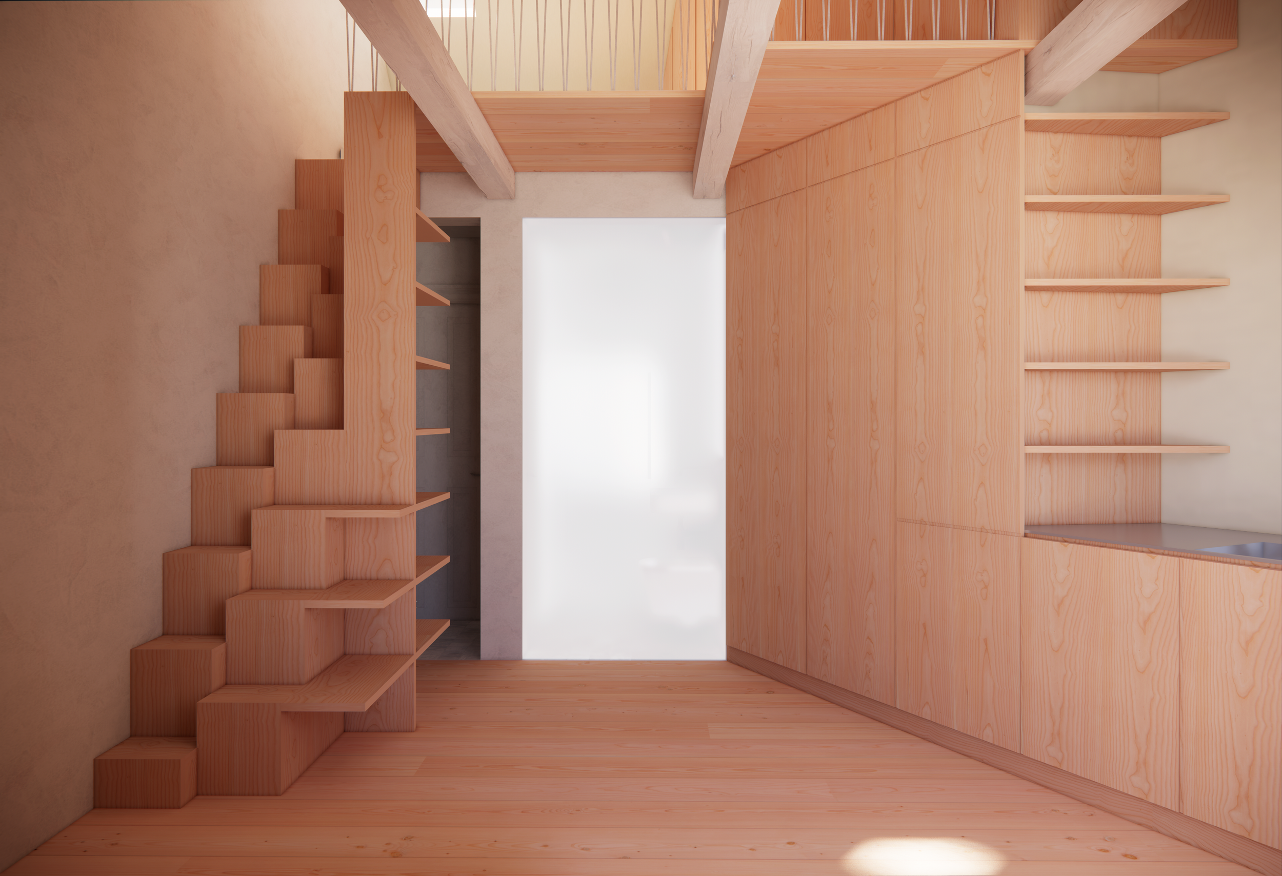 Interior view of a minimalist home with wooden stairs on the left, wooden shelving on the right, and a large frosted glass door in the center.