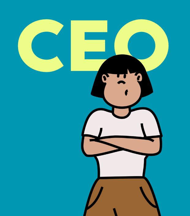 An illustration of a woman standing with crossed arms and a thoughtful expression, with the word 'CEO' in large yellow letters behind her against a teal background.