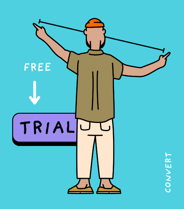 A person with arms outstretched, holding a fishing pole, standing next to a purple button labeled 'TRIAL' with an arrow pointing to it and the word 'FREE' written above.