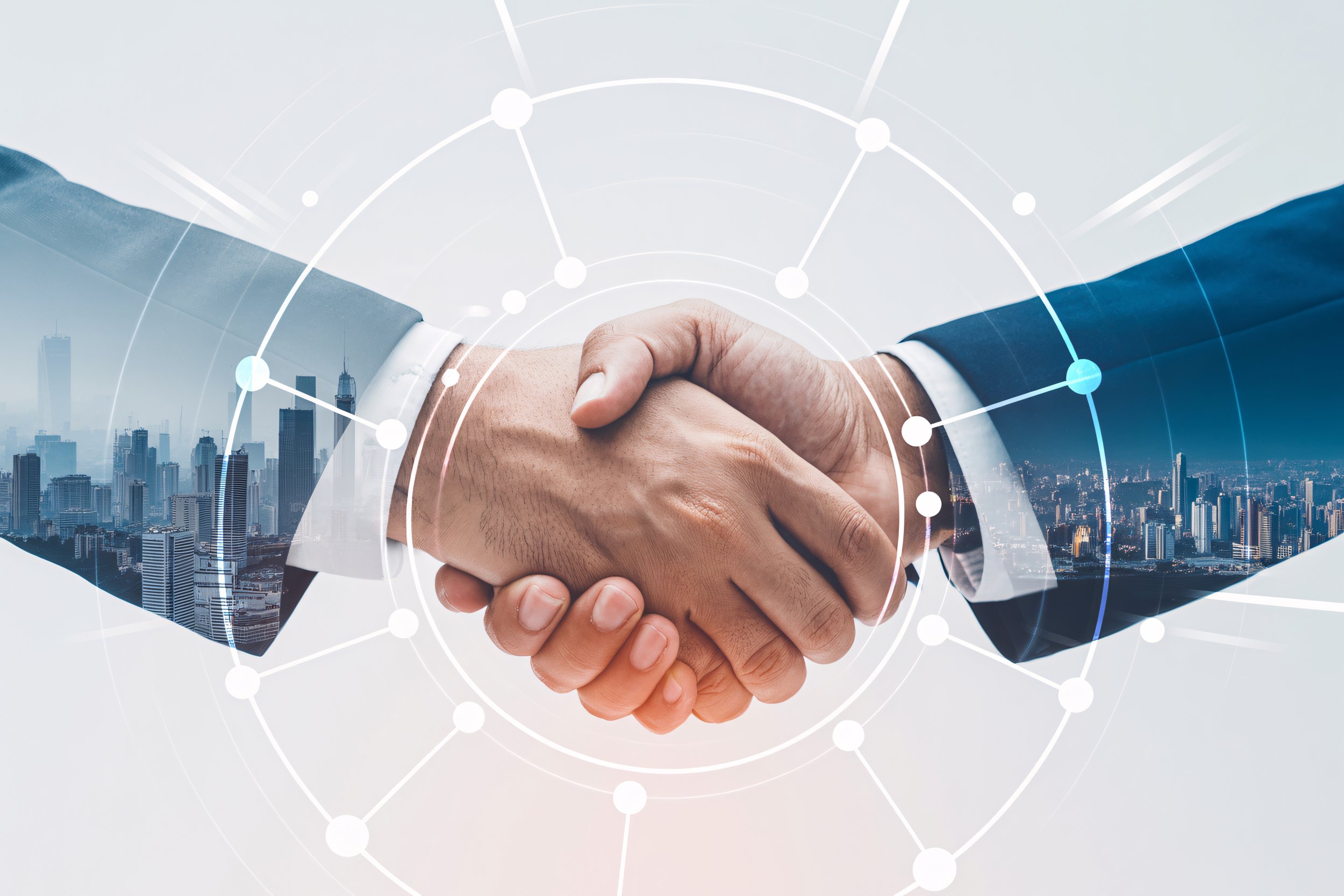 Handshake overlaid with a double-exposure cityscape and digital network, representing supplier partnerships
