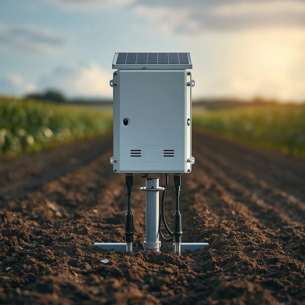 An outdoor solar-powered weather station or environmental monitoring device on a dirt field with rows of crops in the background at sunset.