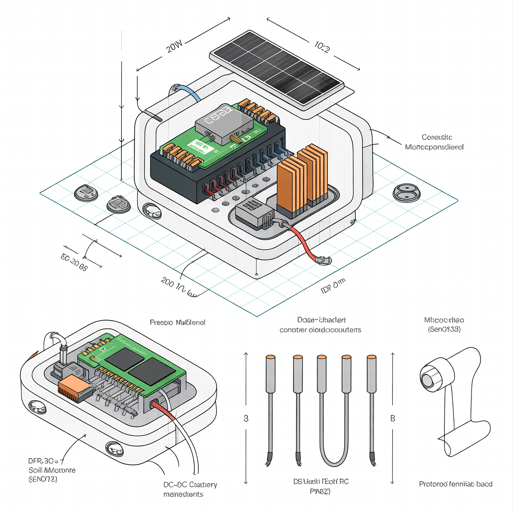 Diagram of a solar power system showing a solar panel connected to a charge controller, which is connected to a battery bank and a microcontroller-based controller. Includes various electronic components and connectors with measurements.