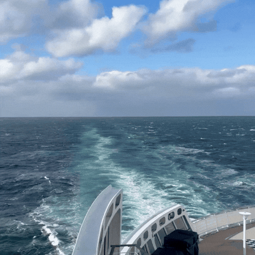 View from a boat showing the ocean and a cloudy sky with a boat wake trailing behind.