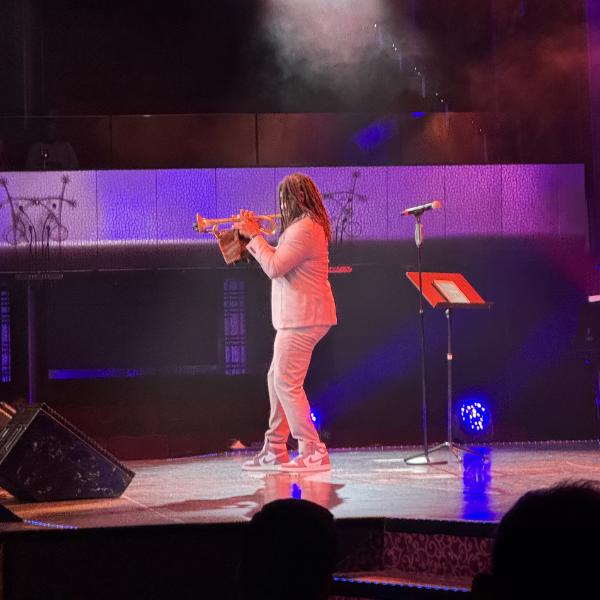 Person playing trumpet on stage with microphone and music stand, stage lighting and fog effects.