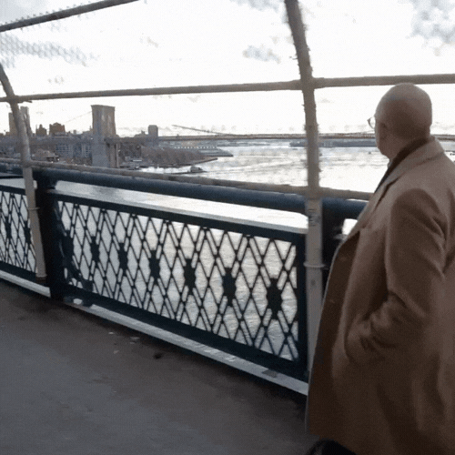 A man stands on a bridge overlooking a river with a city skyline in the background.