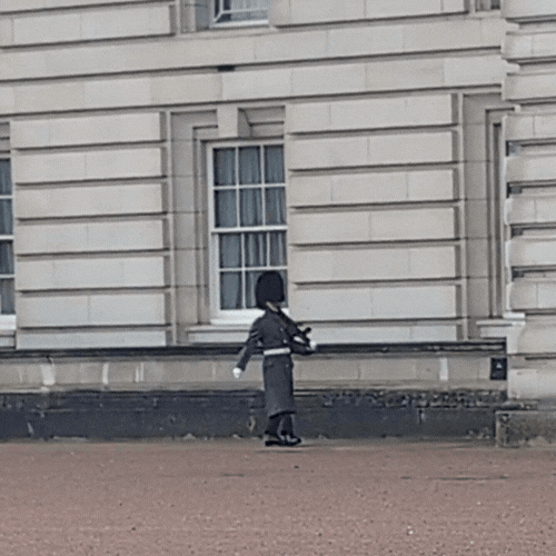 Child standing outdoors near a historic building with large windows, holding an object, and wearing dark clothing.