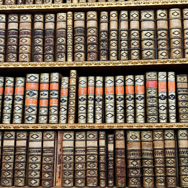 Close-up of three shelves filled with old leather-bound books with gold embossing.