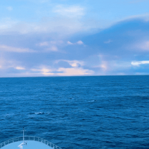 View of the open ocean with a clear horizon, blue water, and a partly cloudy sky from a boat deck.