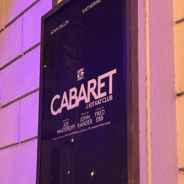 Poster for the musical 'Cabaret' at Kit Kat Club, featuring Adam Gillen and Katherine.