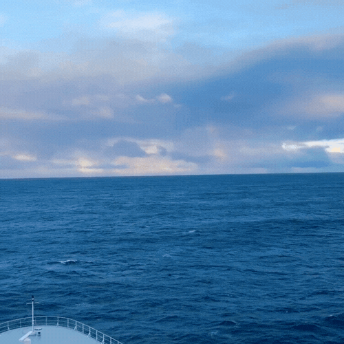 View of the ocean with a cloudy sky above, seen from a boat at sea.