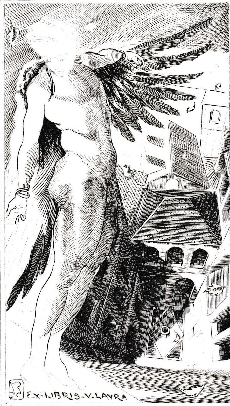 Ex Libris Vittorio Laura, 1990. Bulino su argento, mm 79x135